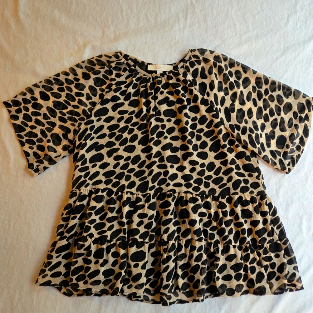 LOFT Black & Tan Printed Tiered Blouse Leopard Polka Dot